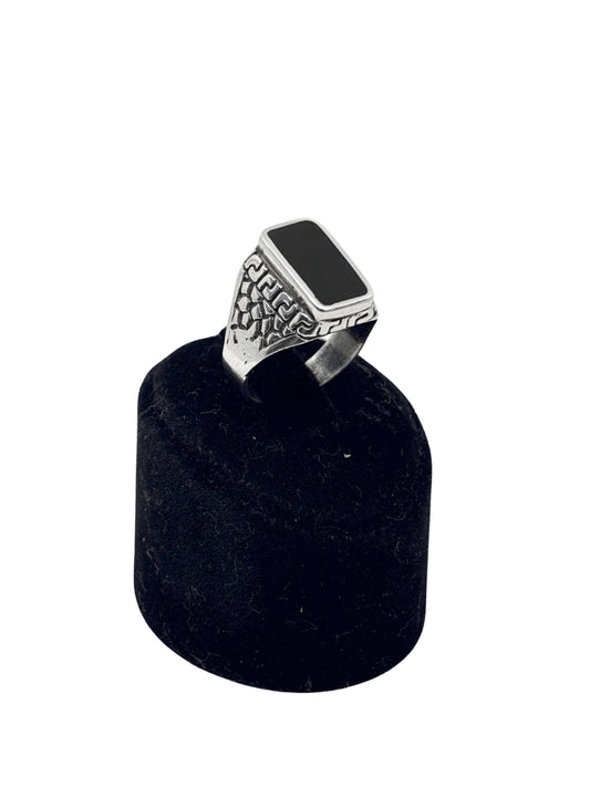 Mozaik Siyah Mineli Dikdörtgen Gümüş Erkek Yüzük