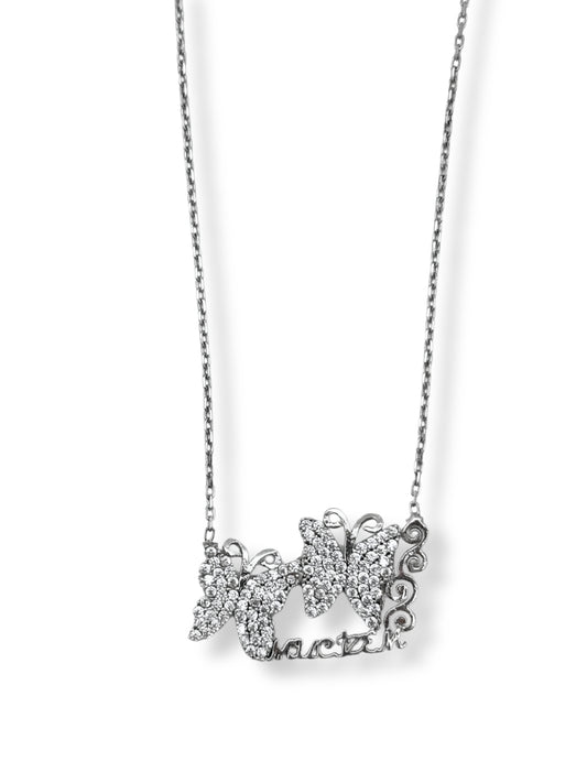 Beyaz Işıltı Mucizem Yazılı Çift Kelebek Hayalet Gümüş Kadın Kolye