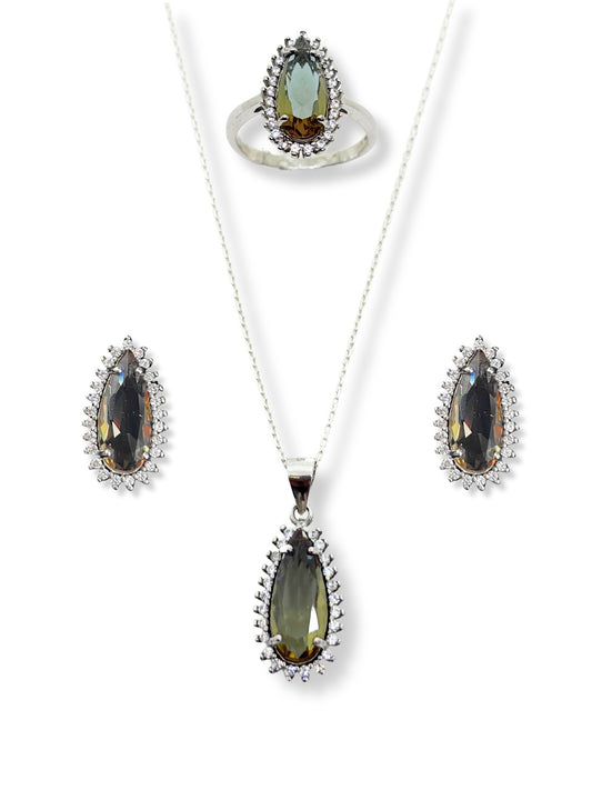 Pear Kesim Zultanit Taşlı Kadın Gümüş Set&Takım