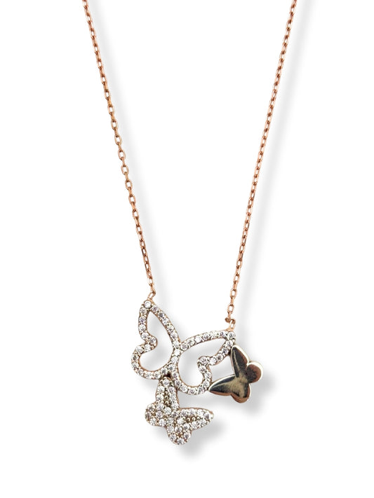 Rose Gold Beyaz Işıltı Üç Kelebek Hayalet Gümüş Kadın Kolye