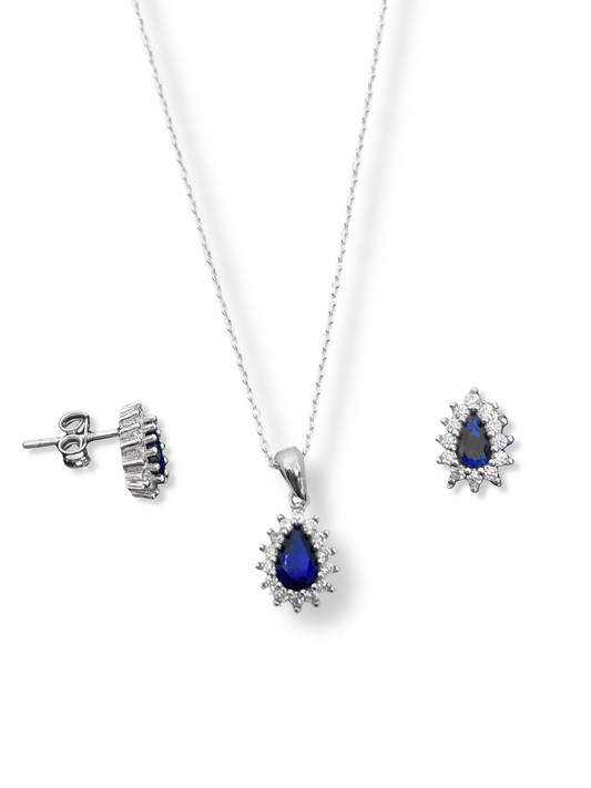 Mini Beyaz Işıltı Çevrili Doğal Taşlı Damla Kadın Kolye Küpe Gümüş Set