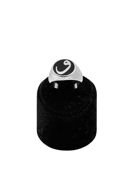 Yuvarlak Siyah Mineli Vav Harfi Gümüş Erkek Yüzük