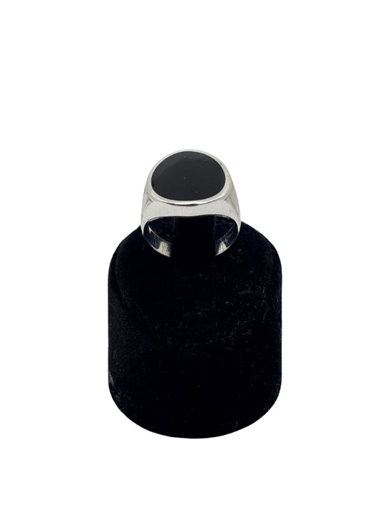 Yuvarlak Düz Siyah Mineli Gümüş Erkek Yüzük