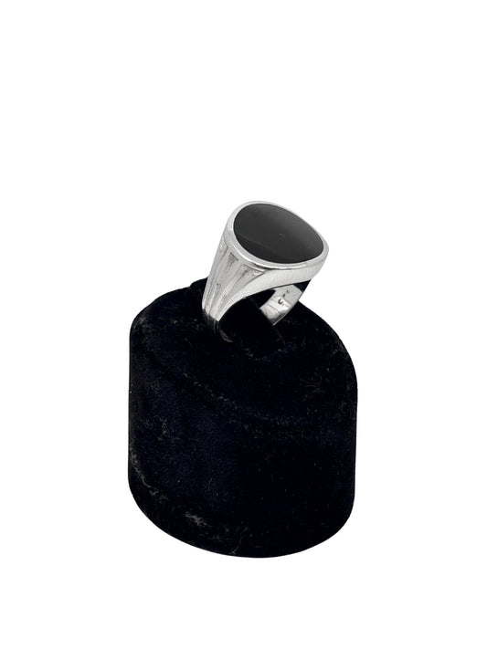 Yuvarlak Düz Siyah Mineli Gümüş Erkek Yüzük