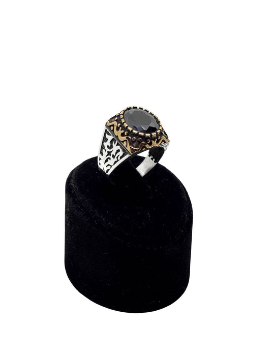 Altın Kaplama Oval Kesme Oniks Taşlı Gümüş Erkek Yüzük