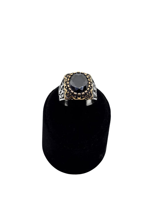 Altın Kaplama Oval Kesme Oniks Taşlı Gümüş Erkek Yüzük