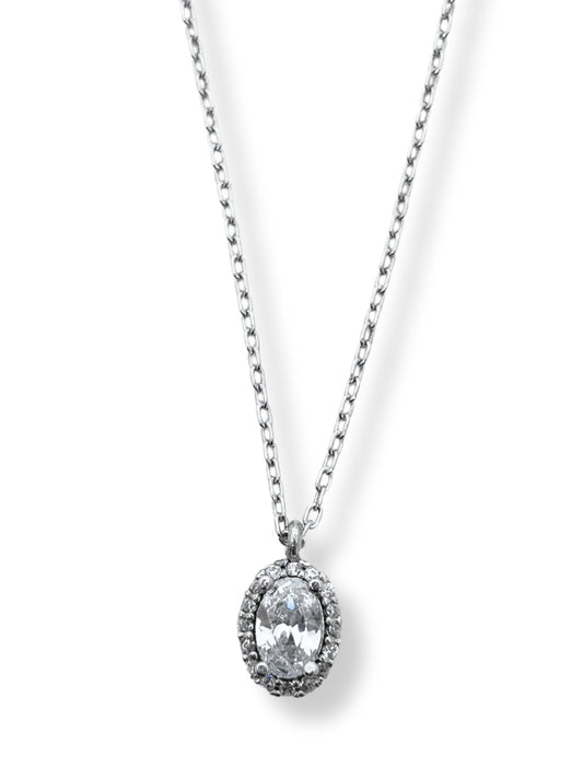 Mini Beyaz Işıltılı Çevrili Oval Anturaj Hayalet Gümüş Kadın Kolye