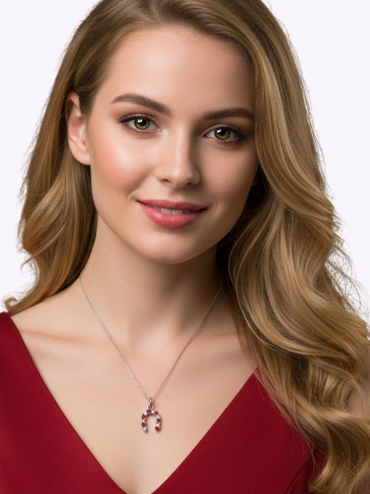 Minimal Kırmızı Beyaz Taşlı Gümüş At Nalı Kolye 1,2 cm x 2 cm