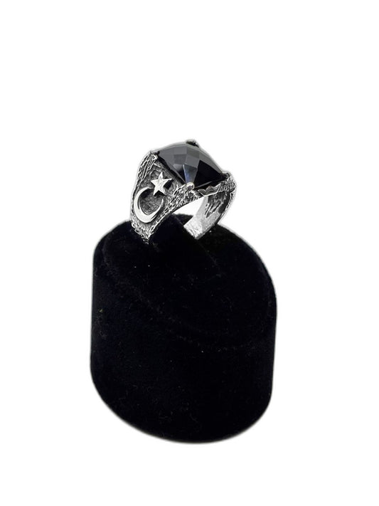 Ay Yıldız Motifli Kesme Oniks Gümüş Erkek Yüzük