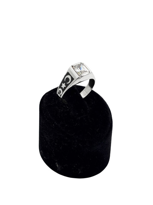 Mineli Ay Yıldız Motifli Tek Zirkon Taşlı Gümüş Erkek Yüzük