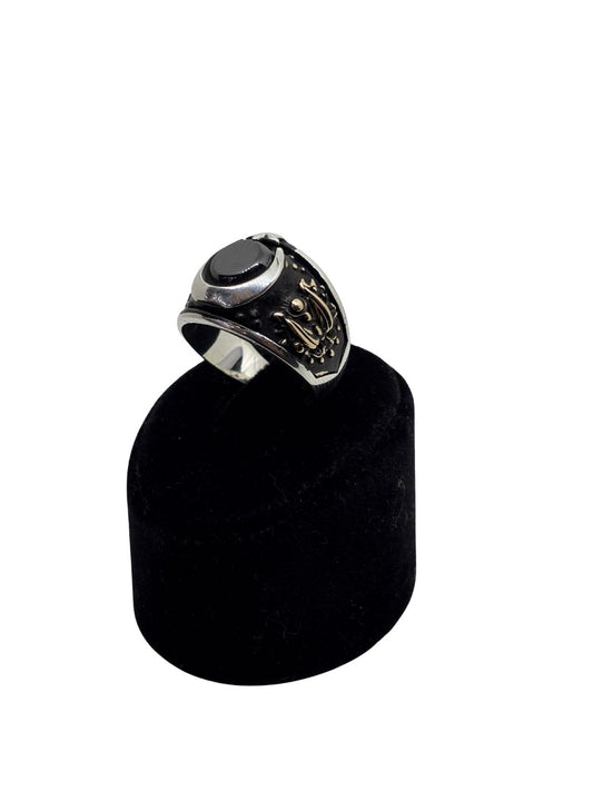 Ay Yıldız ve Tuğra Motifli Oniks Taşlı Gümüş Erkek Yüzük