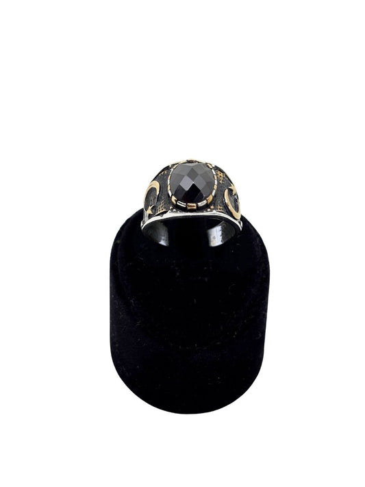 Ayyıldız Kenarlı Kesme Oval Oniks Taşlı Gümüş Erkek Yüzük