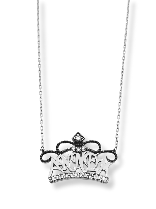 Siyah&Beyaz Işıltılı Annem Yazılı Kraliçe Tacı Gümüş Hayalet Kolye