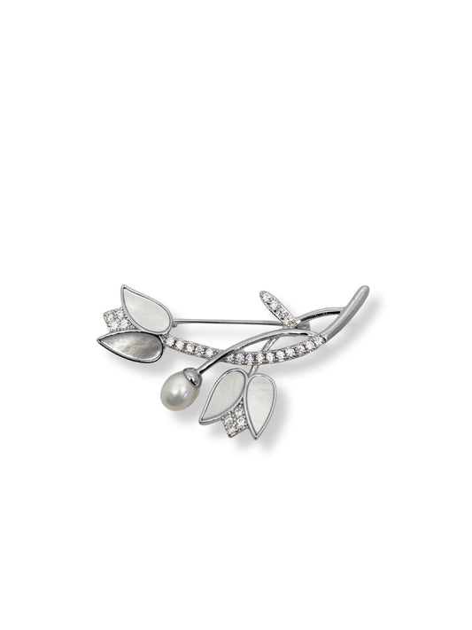 Beyaz Işıltılı Sedefli Gümüş Lale Broş – 5.2x3 cm