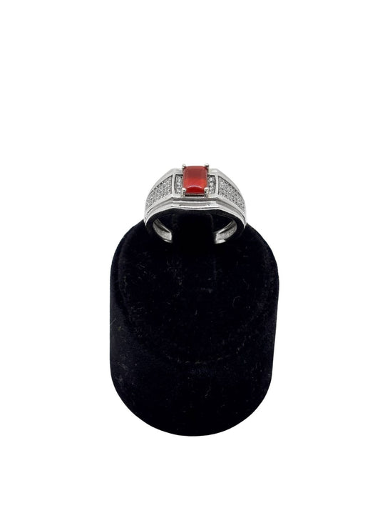 Beyaz Zirkon Çevrili Akik Taşlı Gümüş Erkek Yüzük