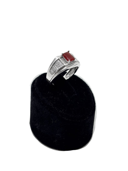 Beyaz Zirkon Çevrili Akik Taşlı Gümüş Erkek Yüzük