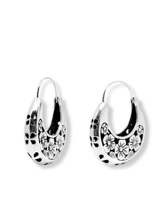 Çiçek Desenli Gümüş Bohça Halka Küpe 3x4 CM - Otantik El İşçiliği