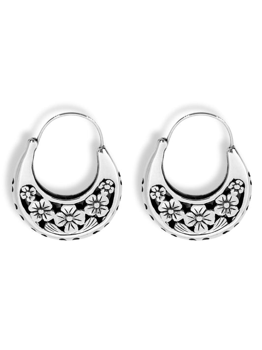 Çiçek Desenli Gümüş Bohça Halka Küpe 3x4 CM - Otantik El İşçiliği