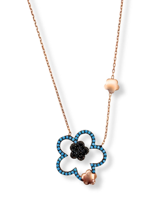 Rose Gold Turkuaz Işıltılı Çiçekler Hayalet Gümüş Kadın Kolye