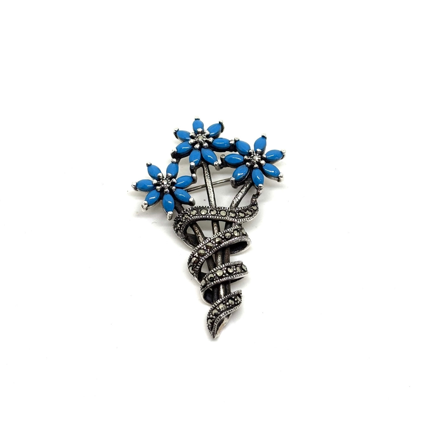 Marcasite Flower Brooch with Turquoise Stone – Oya Silver