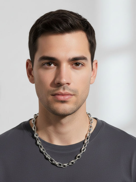 Double Oval Link Thick Silver Chain Necklace 55CM