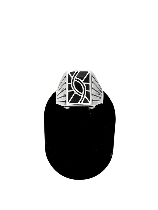 Dikdörtgen Mineli Motif Gümüş Erkek Yüzük