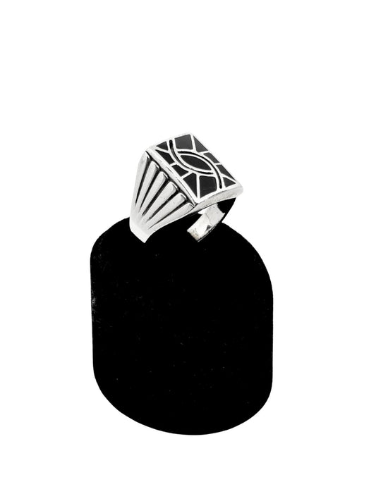 Dikdörtgen Mineli Motif Gümüş Erkek Yüzük