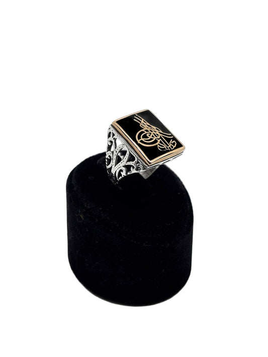 Dikdörtgen Mineli Osmanlı Tuğra Motifli Gümüş Erkek Yüzük
