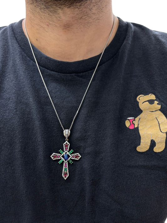 Doğal Taşlı Otantik Gümüş Haç Kolye 3.5x6 cm