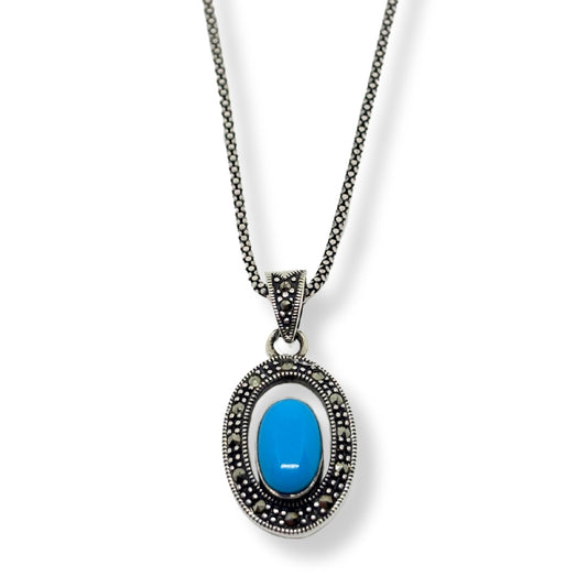Markazit Çevrili Firuze Doğal Taşı Işıltılı Oval Kadın Gümüş Vintage Kolye