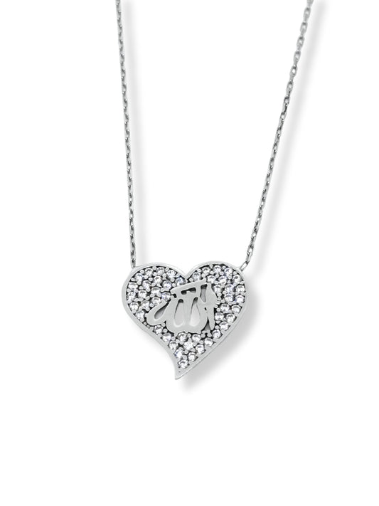 Beyaz Işıltılı Hearty Kalp Allah Yazılı Kadın Hayalet Gümüş Kolye