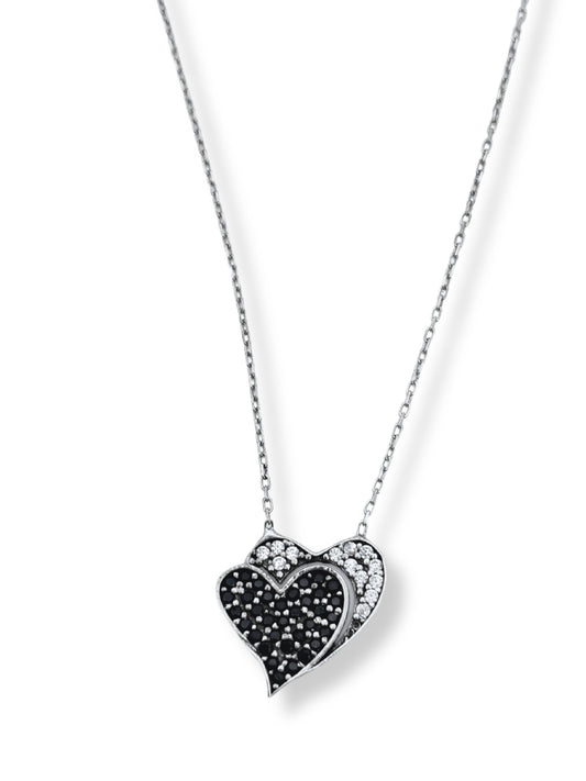 Siyah&Beyaz Işıltılı Hearty Çift Kalp Minik Kalpler Kadın Hayalet Gümüş Kolye
