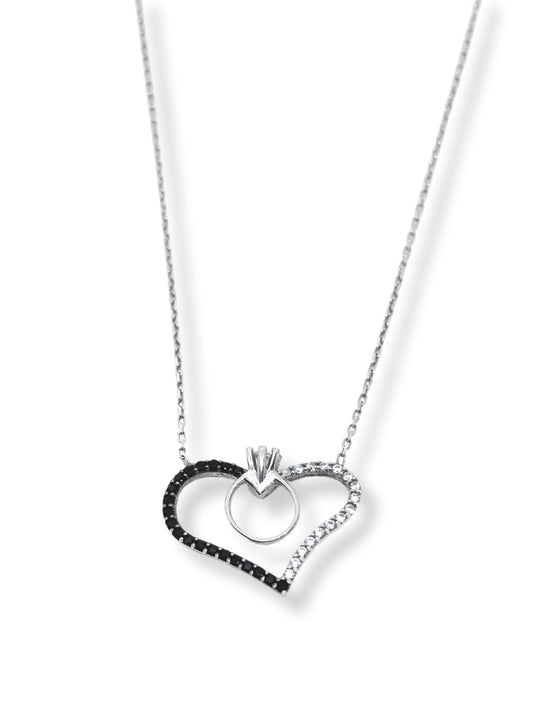 Siyah&Beyaz Işıltılı Hearty Tektaş Yüzüklü Kalp Kadın Hayalet Gümüş Kolye