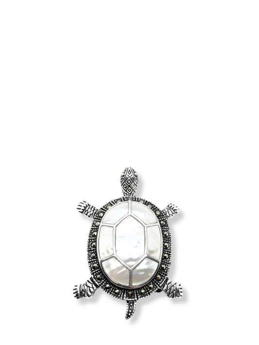 Markazit Çevrili Beyaz Sedefli Gümüş Kaplumbağa Broş