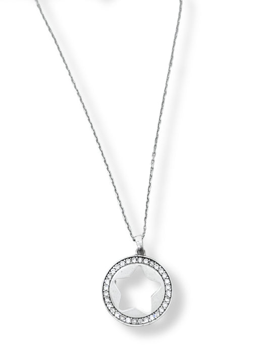 Beyaz Işıltı Çevrili Yuvarlak Plaka İçi Boş Yıldız Hayalet Gümüş Kadın Kolye