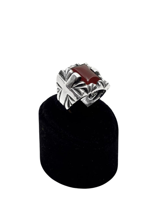 Haç Figürlü Dikdörtgen Kahve Akik Gümüş Erkek Yüzük