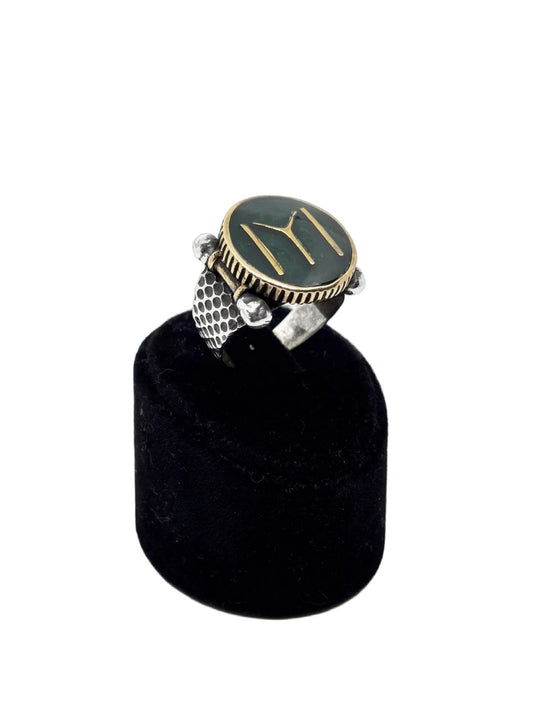 İri Yuvarlak Haki Mine Üzerine Göktürkçe İYİ Yazılı Gümüş Erkek Yüzük