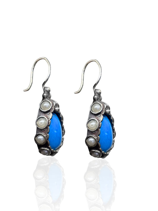 İnci Çevrili Doğal Firuze Taşlı Gümüş Kadın Küpe 4.2x1.8 cm