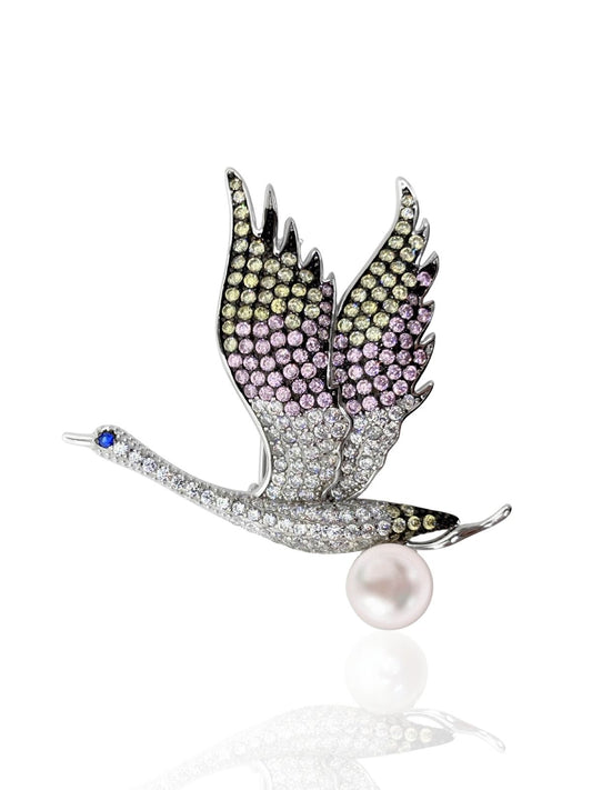 İnci ve Taş İşlemeli Gümüş Leylek Broş 5.5x5cm
