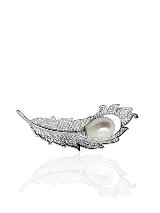 İncili Gümüş Kuş Tüyü Broş 5.5x1.7cm