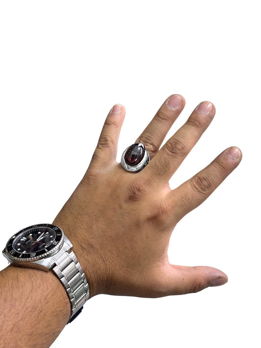 İri Lal Taşlı Gümüş Ay Yıldız Gümüş Erkek Yüzük