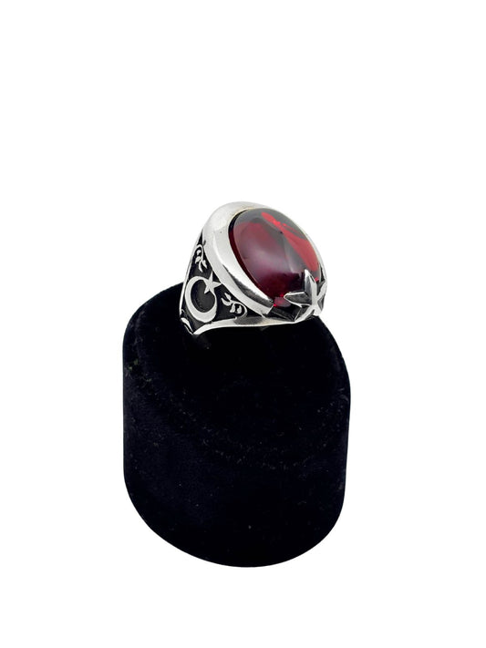 İri Lal Taşlı Gümüş Ay Yıldız Gümüş Erkek Yüzük