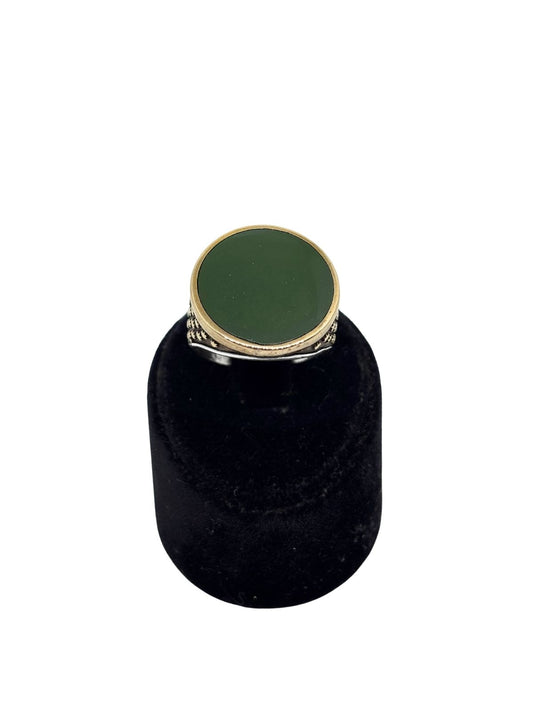 İri Yuvarlak Haki Mineli Gümüş Erkek Yüzük