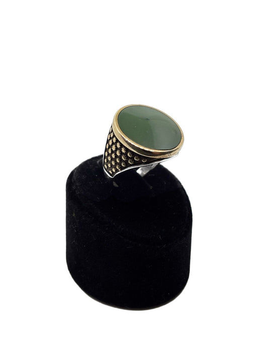 İri Yuvarlak Haki Mineli Gümüş Erkek Yüzük