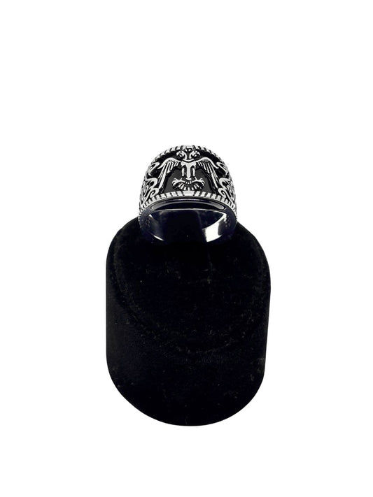 İşleme Motifli Çift Başlı Kartal Gümüş Erkek Yüzük