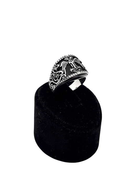 İşleme Motifli Çift Başlı Kartal Gümüş Erkek Yüzük