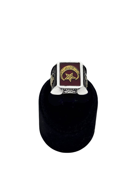 Dikdörtgen Kahverengi Mineli Yaldızlı Ay Yıldız Gümüş Erkek Yüzük