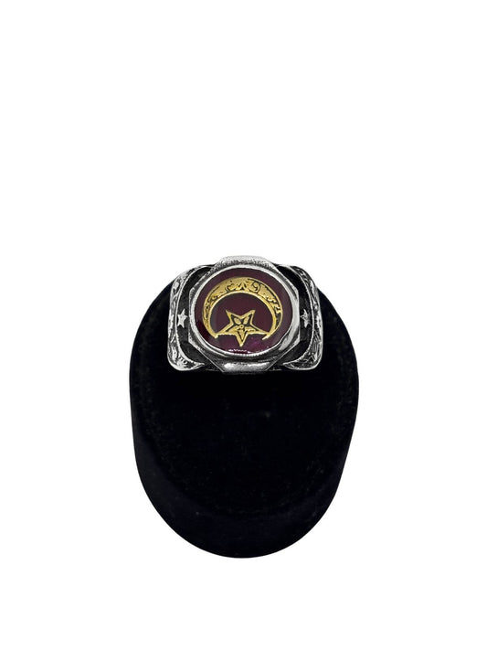 Yuvarlak Kahverengi Mineli Yaldızlı Ay Yıldız Gümüş Erkek Yüzük