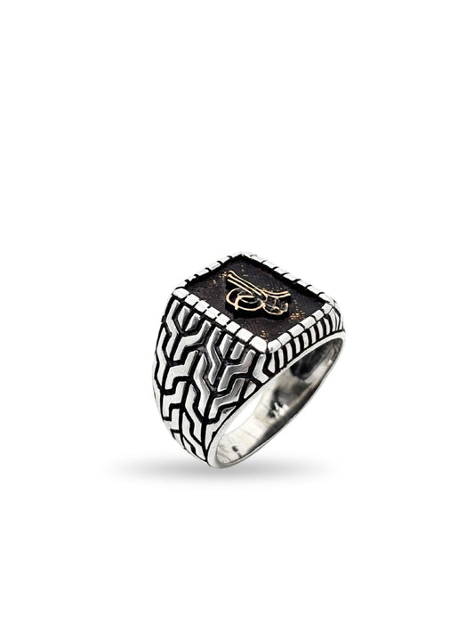 Kalemli Kare Tuğra Gümüş Erkek Retro Yüzük