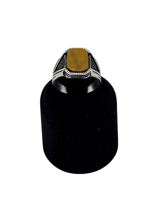 Yanları Siyah Taş Detaylı Kaplan Gözü Gümüş Erkek Yüzük